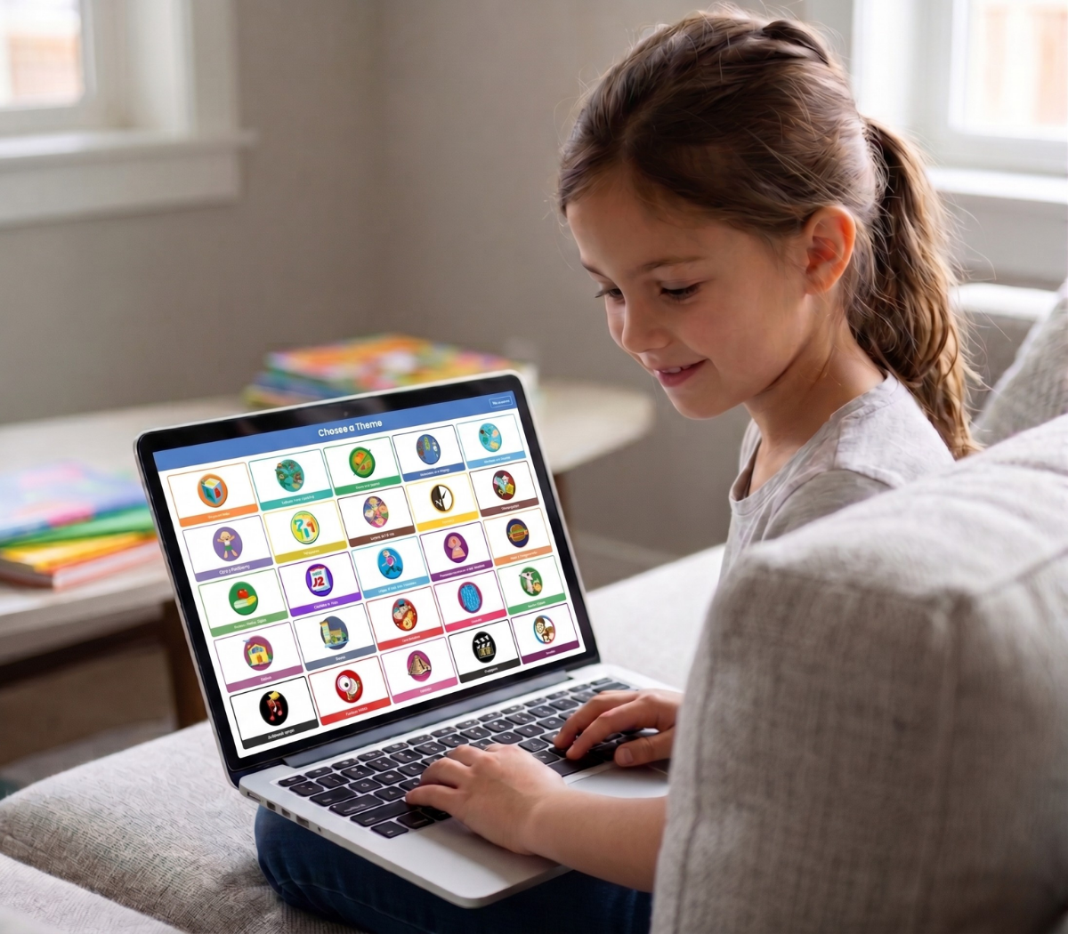 Child looking at a laptop screen with Spanish For Kids menu open
